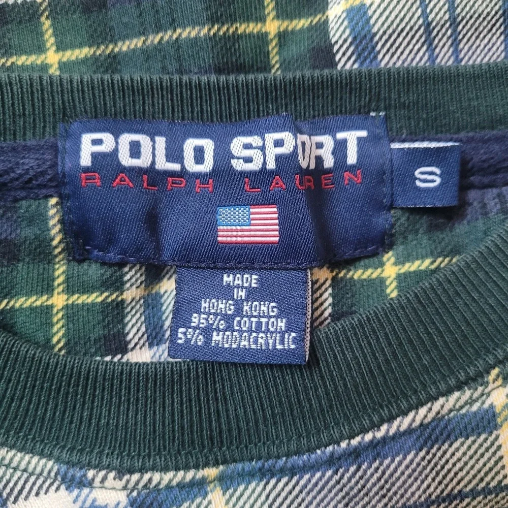 VTG Polo Sport Ralph Lauren Plaid Sweatshirt Small Green Blue Tartan 90 Crewneck